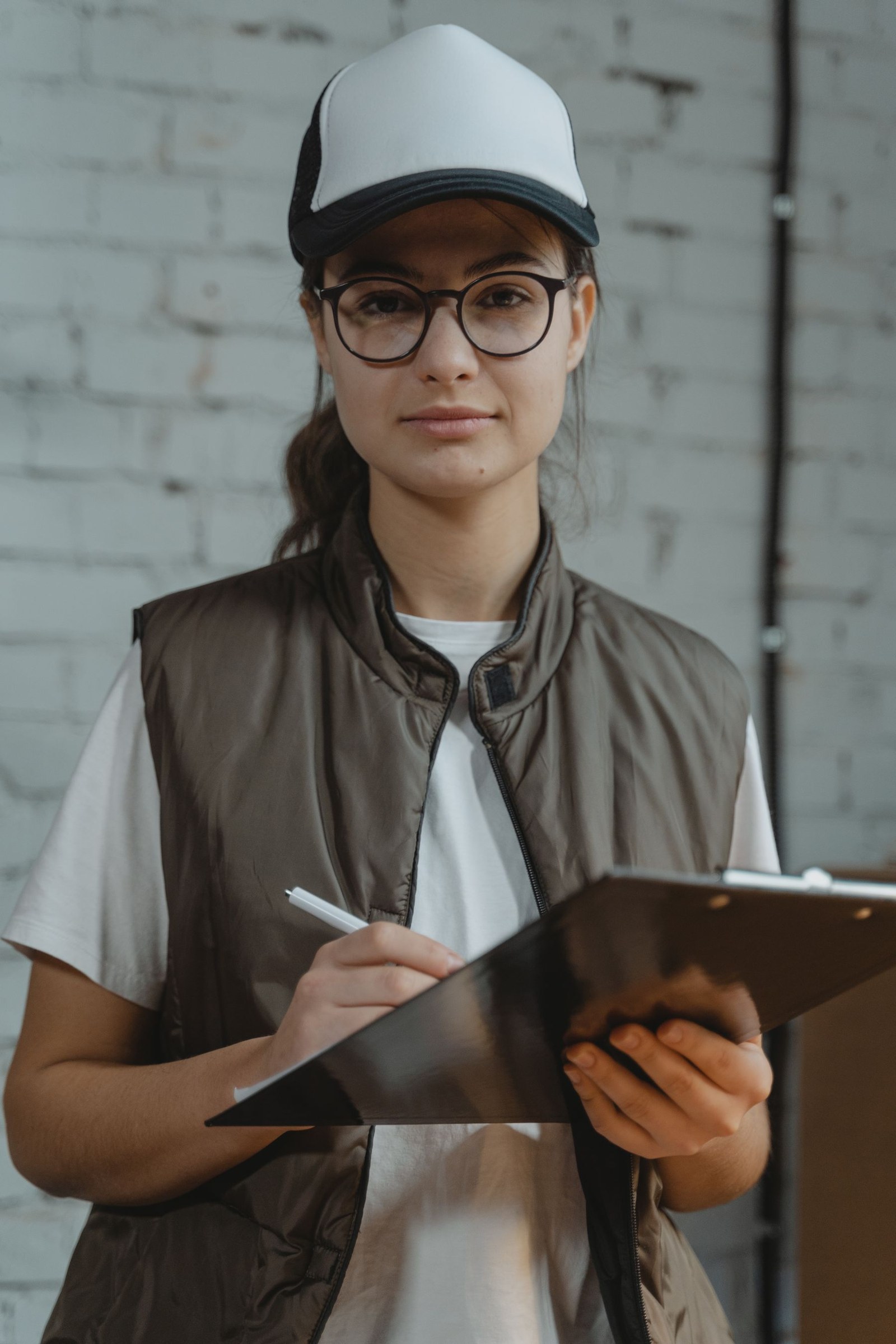Warehouse employee holding a clipboard and pen